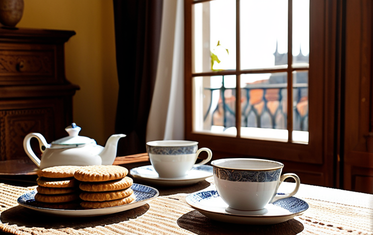 Cozy Afternoon Tea**
"A warmly lit living room in Lisbon, Portugal, featuring a table set with delicate porcelain teacups and a teapot filled with chá preto (black tea). A plate of biscoitos de manteiga (butter cookies) sits invitingly beside the tea set. Sunlight streams through a window, illuminating dust motes dancing in the air. A comfortable, inviting scene perfect for sharing a cup of tea with loved ones. Focus on the rich textures and warm colors. Cozy, intimate, Portuguese tradition, safe for work."
2. **