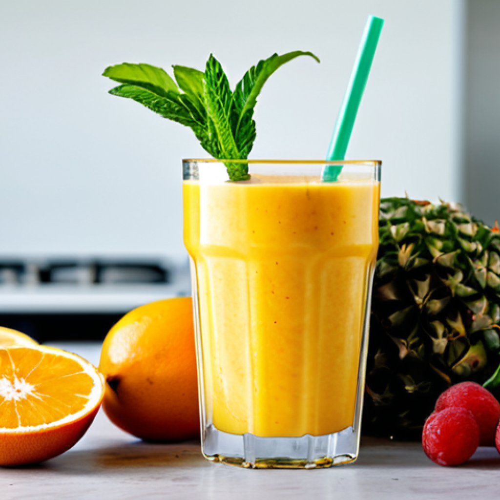 다과와 웰빙 - Colorful Fruit Smoothie**

"A vibrant, eye-level shot of a freshly blended fruit smoothie in a clear...