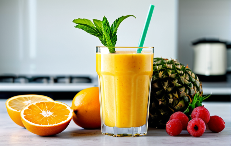 다과와 웰빙 - Colorful Fruit Smoothie**

"A vibrant, eye-level shot of a freshly blended fruit smoothie in a clear...