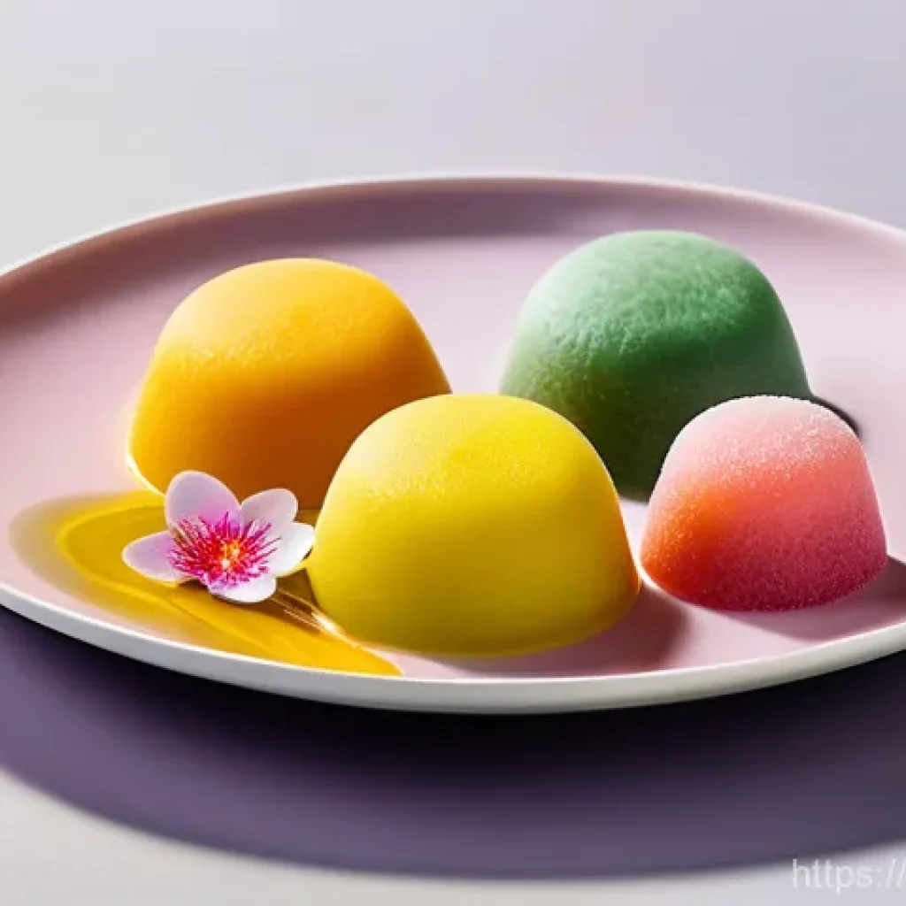 다과와 모찌 - **Vibrant Fusion Mochi Delight:**
A beautifully arranged plate featuring several colorful mochi....