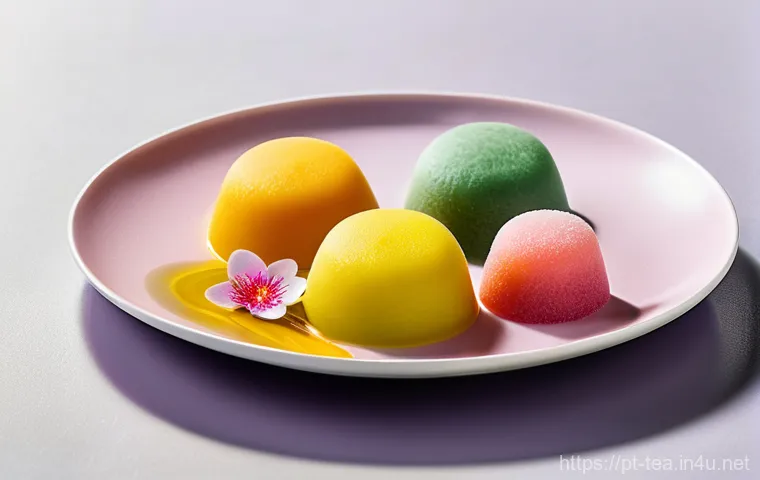 다과와 모찌 - **Vibrant Fusion Mochi Delight:**
    A beautifully arranged plate featuring several colorful mochi....