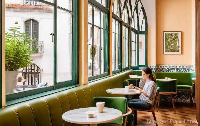 현대 다과 카페 - **A Vibrant Lisbon Morning in a Specialty Café:**
    A bright, inviting specialty coffee shop in Li...