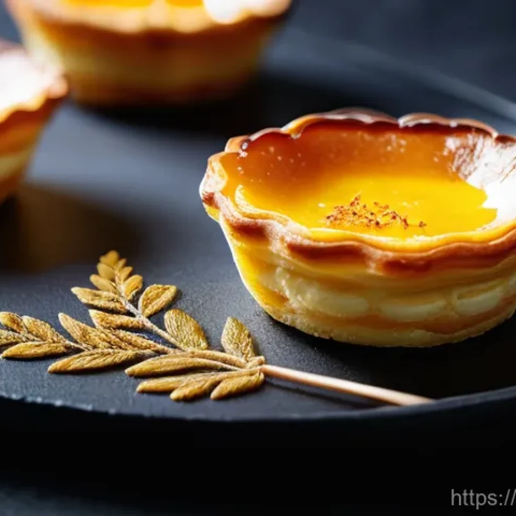 다과와 예술 - **Prompt:** A close-up, highly detailed shot of a gourmet Pastel de Nata, exquisitely presented on a...