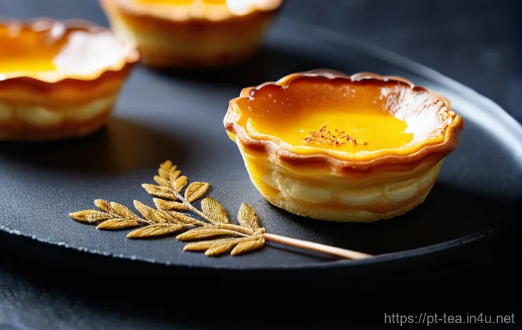 다과와 예술 - **Prompt:** A close-up, highly detailed shot of a gourmet Pastel de Nata, exquisitely presented on a...