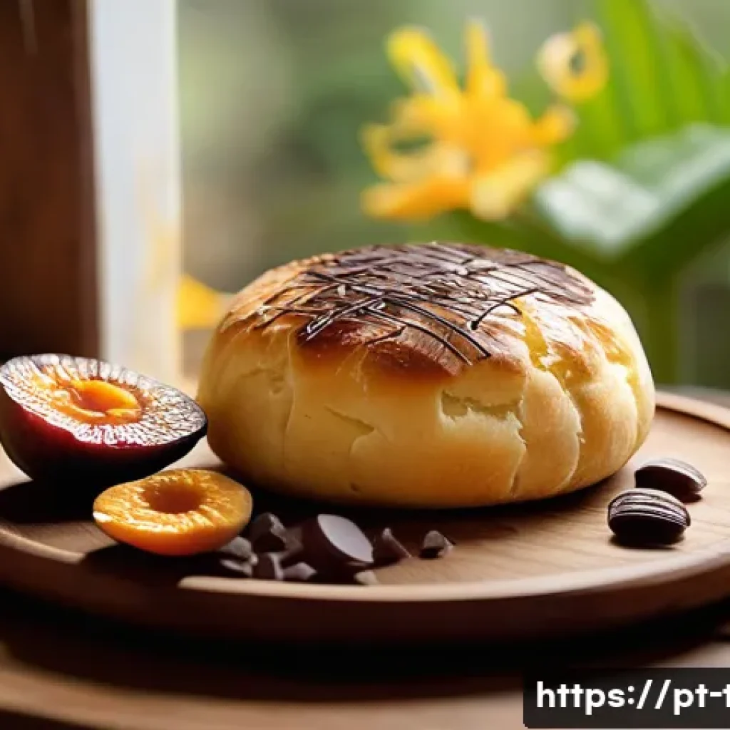 다과와 초콜릿 - A cozy Brazilian kitchen scene featuring a warm, golden pão de queijo (cheese bread) on a rustic woo...