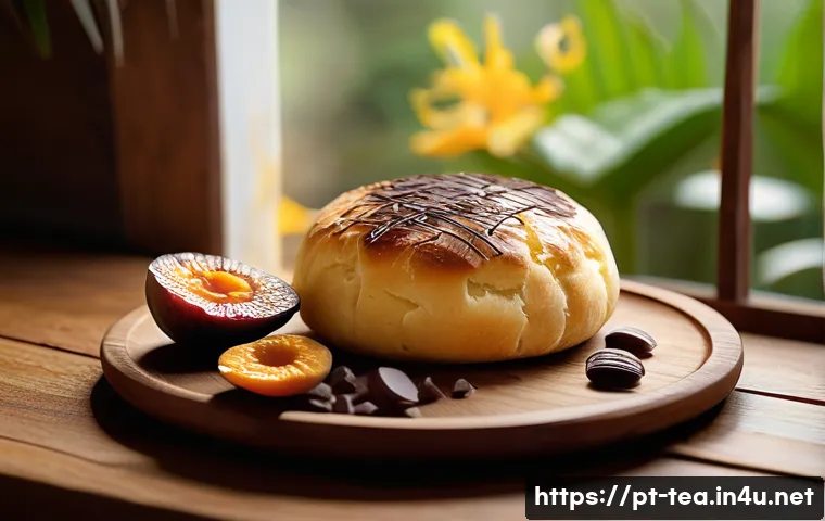 다과와 초콜릿 - A cozy Brazilian kitchen scene featuring a warm, golden pão de queijo (cheese bread) on a rustic woo...