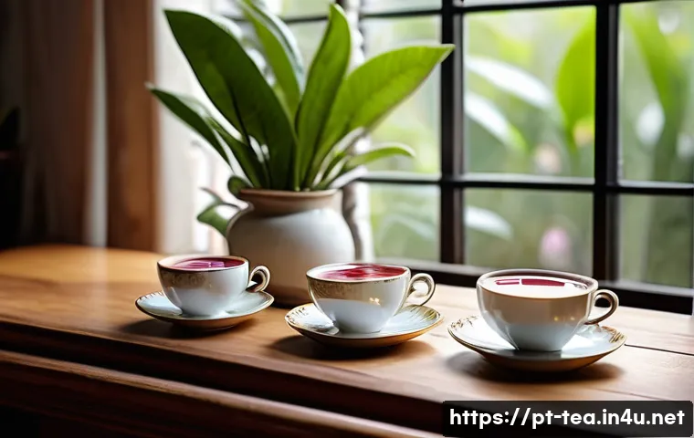 다과와 호텔 애프터눈티 - A sophisticated tea afternoon setting in a cozy Brazilian tea house: delicate porcelain teacups with...