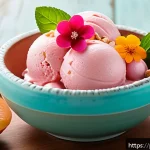 다과와 젤라또 - A vibrant and elegant dessert presentation featuring a fusion of Brazilian guava paste (goiabada) an...