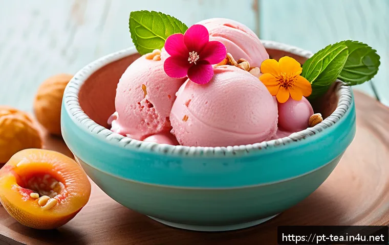 다과와 젤라또 - A vibrant and elegant dessert presentation featuring a fusion of Brazilian guava paste (goiabada) an...