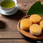 다과와 동남아 디저트 - A close-up image of crispy fried rice cakes with a golden-brown crunchy exterior and soft, slightly ...
