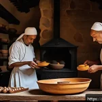 사찰음식과 다과 - A serene monastery kitchen scene with monks in simple robes preparing traditional Portuguese monaste...