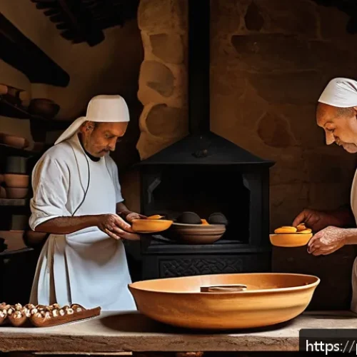 사찰음식과 다과 - A serene monastery kitchen scene with monks in simple robes preparing traditional Portuguese monaste...