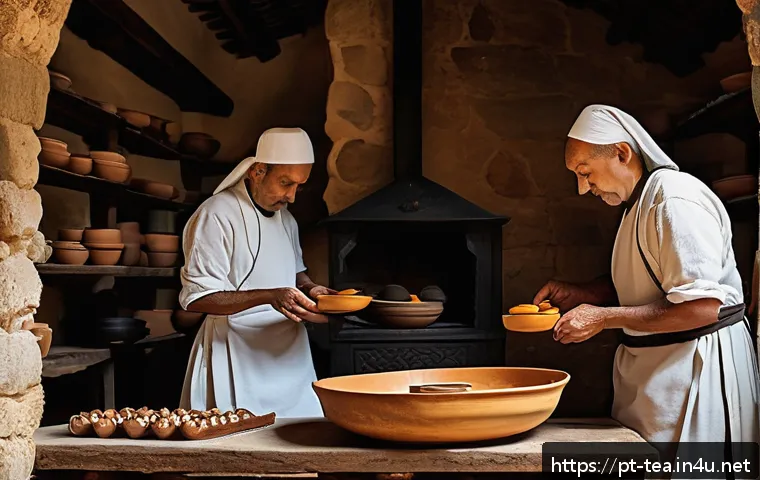 사찰음식과 다과 - A serene monastery kitchen scene with monks in simple robes preparing traditional Portuguese monaste...