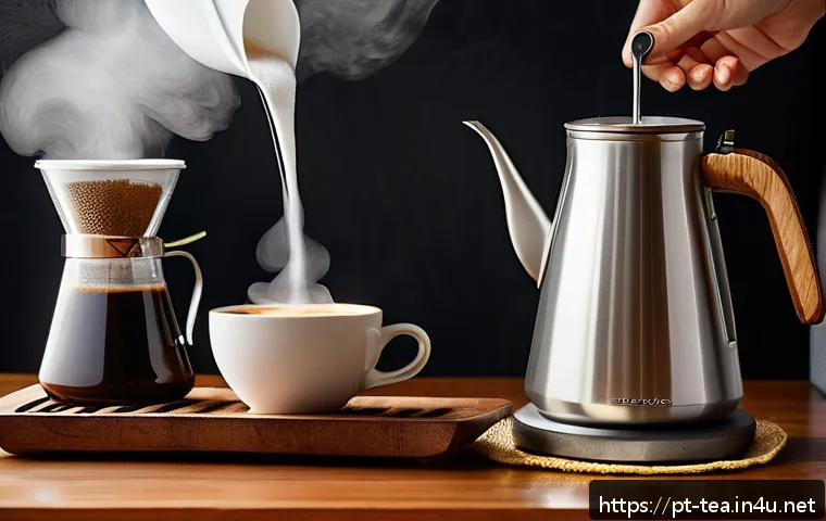 다과와 핸드드립 - A cozy Brazilian kitchen scene featuring a barista carefully pouring hot water from a sleek goosenec...