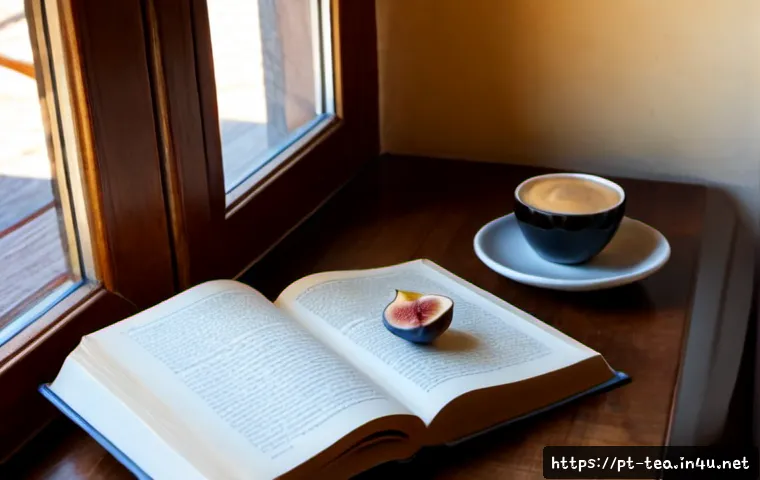 Home 17 다과와 문학 - Photorealistic cozy Portuguese reading nook, an open book with completely blank pages beside a small...
