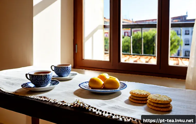 다과와 한식 디저트 - Photorealistic Portuguese afternoon tea table, elegant ceramic cups filled with herbal tea, pastéis ...